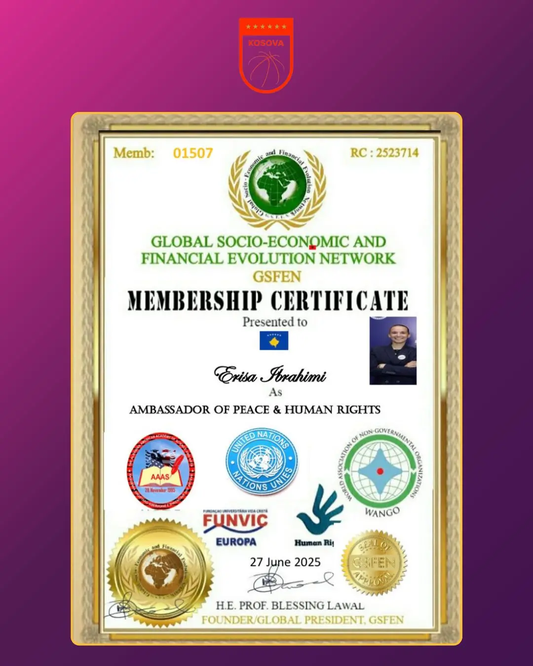 Gjyqtarja e basketbollit, Erisa Ibrahimi vlerësohet me titullin Ambasadore për Paqe dhe të Drejtat e Njeriut